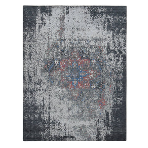 9'2"x12' Arsenic Gray, Wool and Silk, Erased and Broken Persian Heriz Inspired Design, Hand Knotted, Oriental Rug FWR522786
