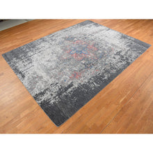 Load image into Gallery viewer, 9&#39;2&quot;x12&#39; Arsenic Gray, Wool and Silk, Erased and Broken Persian Heriz Inspired Design, Hand Knotted, Oriental Rug FWR522786