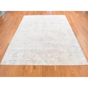 9'x11'10" Light Goldenrod Yellow, Pastel Colors, Trellis Design, Textured Wool and Pure Silk Genuine, Hand Knotted, Oriental Rug FWR522798
