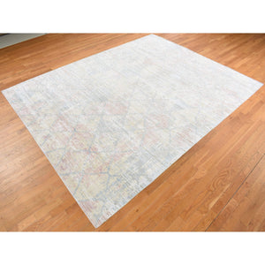 9'x11'10" Light Goldenrod Yellow, Pastel Colors, Trellis Design, Textured Wool and Pure Silk Genuine, Hand Knotted, Oriental Rug FWR522798
