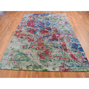 8'10"x12'2" Cinereous Gray, Abstract Design, Sari Silk with Textured Wool, Hand Knotted, Oriental Rug FWR522840