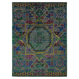 8'10"x12'1" Forest Green, Wool with Sari Silk, Mamluk Design, Hand Knotted, Oriental Rug FWR522846