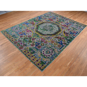8'10"x12'1" Forest Green, Wool with Sari Silk, Mamluk Design, Hand Knotted, Oriental Rug FWR522846