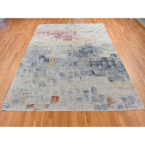 8'10"x12' Silver Chalice Gray, THE STRIPED SQUARES, Wool and Pure Silk, Hand Knotted, Oriental Rug FWR522852