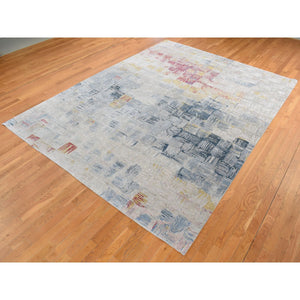 8'10"x12' Silver Chalice Gray, THE STRIPED SQUARES, Wool and Pure Silk, Hand Knotted, Oriental Rug FWR522852