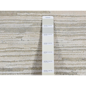 9'x12' Ivory, Modern Abstract Design, Fluffy Soft Pile, Pure Silk with Textured Wool, Hi-low, Hand Knotted, Oriental Rug FWR522870
