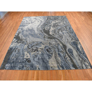 9'x12'1" Air Force Blue, Geological Design, Wool and Pure Silk, Hand Knotted, Oriental Rug FWR522876
