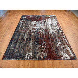 9'x12'2" Vermilion Red, Hi-Lo Pile, Wool and Silk, Abstract Paint Brush Design, Hand Knotted, Oriental Rug FWR522894