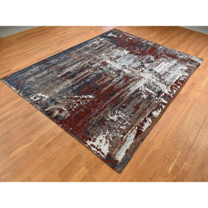 9'x12'2" Vermilion Red, Hi-Lo Pile, Wool and Silk, Abstract Paint Brush Design, Hand Knotted, Oriental Rug FWR522894