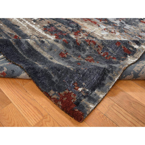9'x12'2" Vermilion Red, Hi-Lo Pile, Wool and Silk, Abstract Paint Brush Design, Hand Knotted, Oriental Rug FWR522894