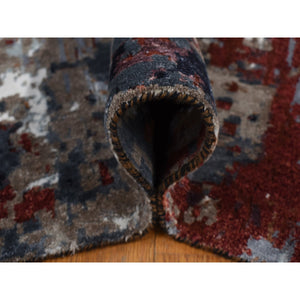 9'x12'2" Vermilion Red, Hi-Lo Pile, Wool and Silk, Abstract Paint Brush Design, Hand Knotted, Oriental Rug FWR522894
