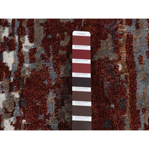 9'x12'2" Vermilion Red, Hi-Lo Pile, Wool and Silk, Abstract Paint Brush Design, Hand Knotted, Oriental Rug FWR522894