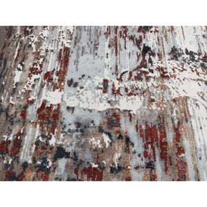 9'x12'2" Vermilion Red, Hi-Lo Pile, Wool and Silk, Abstract Paint Brush Design, Hand Knotted, Oriental Rug FWR522894