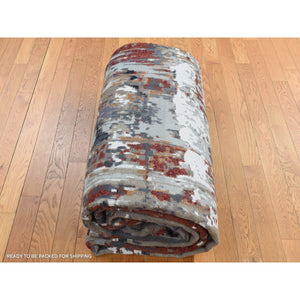 9'x12'2" Vermilion Red, Hi-Lo Pile, Wool and Silk, Abstract Paint Brush Design, Hand Knotted, Oriental Rug FWR522894