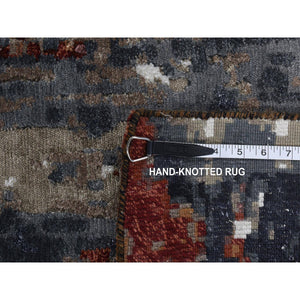 9'x12'2" Vermilion Red, Hi-Lo Pile, Wool and Silk, Abstract Paint Brush Design, Hand Knotted, Oriental Rug FWR522894