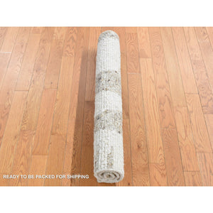 3'x3' Ivory, Minimalist Pattern, Plush Pile, Undyed Organic Wool, Hand Knotted, Sample Oriental Rug FWR523128