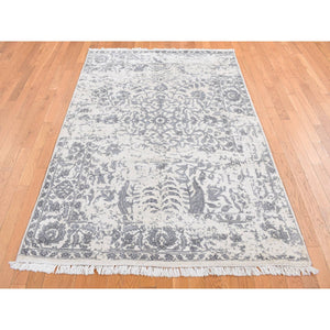 5'2"x7' Ivory, Broken and Erased Persian Design, Plant Base Silk Art Silk, Hand Knotted, Oriental Rug FWR523146