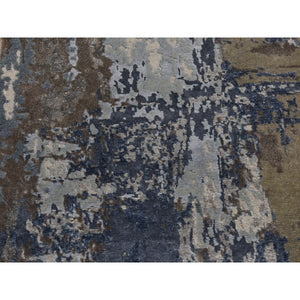 2'8"x8'1" Prussian Blue, Hand Knotted, Abstract Design, Wool and Silk, Hi-Lo Pile, Runner Oriental Rug FWR523248