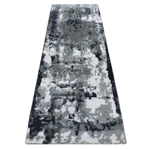 2'6"x7'7" Eerie Black, Hi-Low Pile, Abstract Design, Wool and Silk, Hand Knotted, Runner Oriental Rug FWR523254