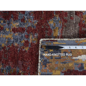 2'7"x8'1" Oklahoma Crimson Red, Wool and Silk, Hi-Low Pile, Abstract Design, Hand Knotted, Runner Oriental Rug FWR523266