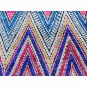 4'x6'2" Hot Pink, Hand Knotted, Chevron Design, Sari Silk with Textured Wool, Oriental Rug FWR523290