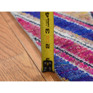 4'x6'2" Hot Pink, Hand Knotted, Chevron Design, Sari Silk with Textured Wool, Oriental Rug FWR523290