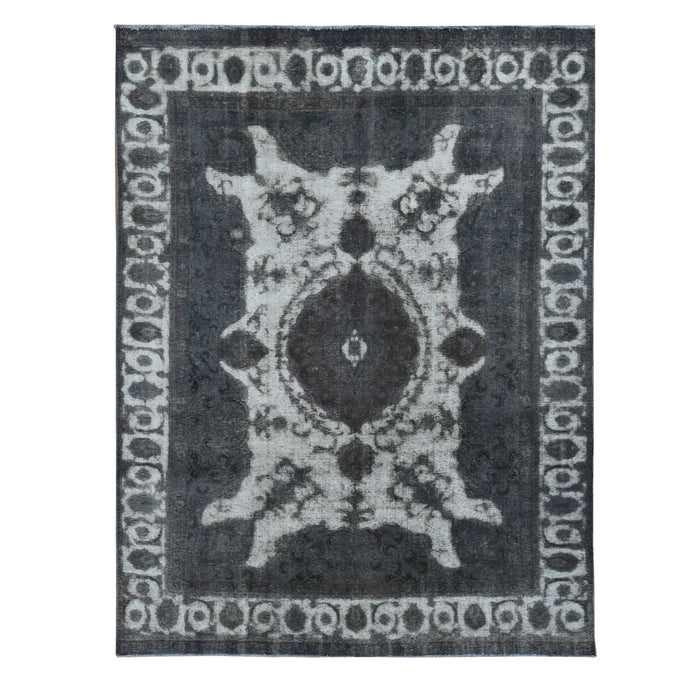 8'x11' Asphalt Black, Vintage Overdyed Persian Tabriz Barjasta, Distressed, Sheared Low, Worn Down, Pure Wool, Hand Knotted, Oriental Rug FWR523296