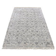 Load image into Gallery viewer, 4&#39;1&quot;x6&#39;2&quot; Ivory, Broken and Erased Tabriz Fish Mahi Design, Wool and Silk, Hand Knotted, Tone on Tone, Oriental Rug FWR523338