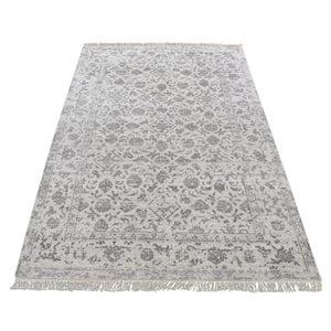 4'1"x6'2" Ivory, Broken and Erased Tabriz Fish Mahi Design, Wool and Silk, Hand Knotted, Tone on Tone, Oriental Rug FWR523338