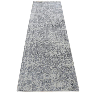 2'5"x8'2" Thunder Gray, Erased Design, Fine Jacquard, Hand Loomed, Wool and Silk, Runner Oriental Rug FWR523368