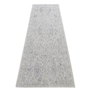 2'5"x8'2" Ash Gray, Jacquard Hand Loomed, Broken Cypress Tree Design, Silken, Thick and Plush, Runner Oriental Rug FWR523404