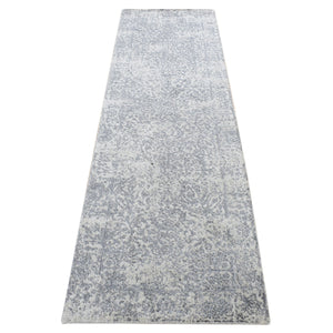 2'5"x8'2" Gainsboro Gray, Fine Jacquard Erased Design, Wool and Silk, Hand Loomed, Runner Oriental Rug FWR523422