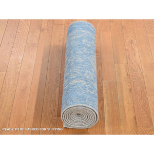 2'5"x10'1" Baby Eyes Blue, Jacquard Hand Loomed, Wool and Art Silk, Pomegranate Design, Runner Oriental Rug FWR523482
