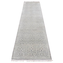 Load image into Gallery viewer, 2&#39;7&quot;x10&#39;4&quot; Nyanza Green, Hand Knotted, Abarasque Design, Tone on Tone, Pure Real Silk with Textured Wool, Runner Oriental Rug FWR523500
