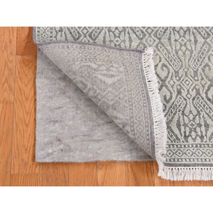 2'7"x10'4" Nyanza Green, Hand Knotted, Abarasque Design, Tone on Tone, Pure Real Silk with Textured Wool, Runner Oriental Rug FWR523500