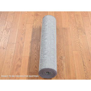 2'7"x10'4" Nyanza Green, Hand Knotted, Abarasque Design, Tone on Tone, Pure Real Silk with Textured Wool, Runner Oriental Rug FWR523500