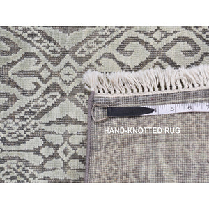 2'7"x10'4" Nyanza Green, Hand Knotted, Abarasque Design, Tone on Tone, Pure Real Silk with Textured Wool, Runner Oriental Rug FWR523500
