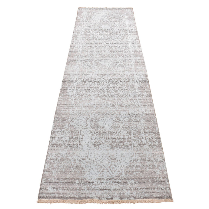2'6''x10' Nyanza Green, Broken and Erased Persian Design, Hand Knotted, Wool and Silk, Runner Oriental Rug FWR523518