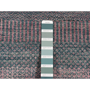 2'7"x8'10" Midnight Green, Wool and Silk, Grass Design, Hand Knotted, Runner Oriental Rug FWR523542