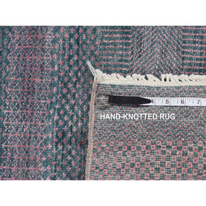 2'7"x8'10" Midnight Green, Wool and Silk, Grass Design, Hand Knotted, Runner Oriental Rug FWR523542