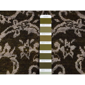 2'4"x9'8" Pullman Green, Abarasque Motif Tone on Tone Design, Wool and Silk, Handmade, Runner Oriental Rug FWR523566
