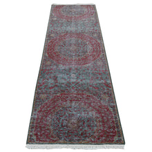 Load image into Gallery viewer, 2&#39;6&quot;x9&#39;10&quot; Medium Jungle Green, Vintage Look Mamluk, Zero Pile, Shaved Low, Worn Wool, Hand Knotted, Runner Oriental Rug FWR523590