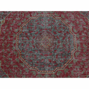 2'6"x9'10" Medium Jungle Green, Vintage Look Mamluk, Zero Pile, Shaved Low, Worn Wool, Hand Knotted, Runner Oriental Rug FWR523590