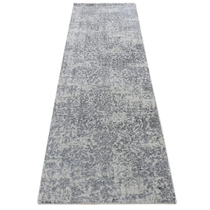 2'5"x10'1" Nickel Gray, Fine Jacquard Hand Loomed, Erased Design, Wool and Silk, Runner Oriental Rug FWR523626