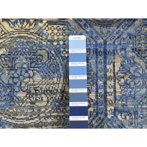 2'8"x9'1" Sapphire Blue, Repetitive Rosette Design, Silk With Textured Wool, Hand Knotted, Runner Oriental Rug FWR523674