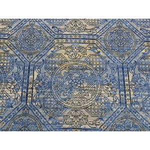 2'8"x9'1" Sapphire Blue, Repetitive Rosette Design, Silk With Textured Wool, Hand Knotted, Runner Oriental Rug FWR523674