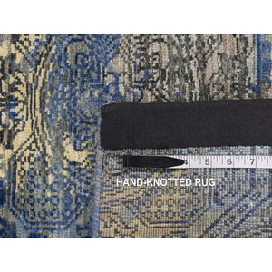 2'8"x9'1" Sapphire Blue, Repetitive Rosette Design, Silk With Textured Wool, Hand Knotted, Runner Oriental Rug FWR523674