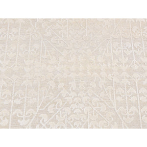 2'6"x11'8" Ivory, Hand Knotted, Tone on Tone, Pure Silk with Textured Wool, Runner Oriental Rug FWR523776