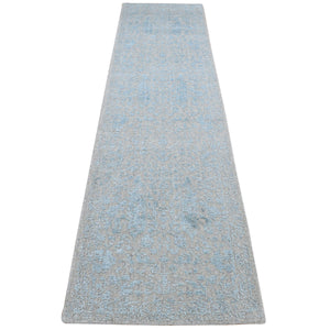 2'6"x12'1" Powder Blue, Tone on Tone Persian Tree Design, Jacquard, Hand Loomed, Wool and Art Silk, Runner Oriental Rug FWR523782