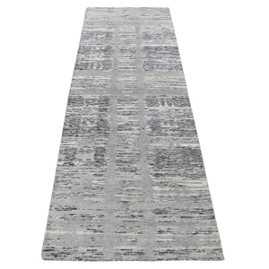 2'6"x12' Medium Gray, Hand Spun Undyed Natural Wool, Modern Design, Hand Knotted, Runner Oriental Rug FWR523800